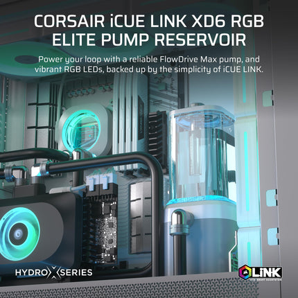 Unidad de bomba/depósito Corsair iCUE LINK XD6 RGB ELITE – Bomba FlowDrive Max, sensor de temperatura integrado, 22 LED RGB direccionables, depósito de nailon transparente de 440 ml – Blanco