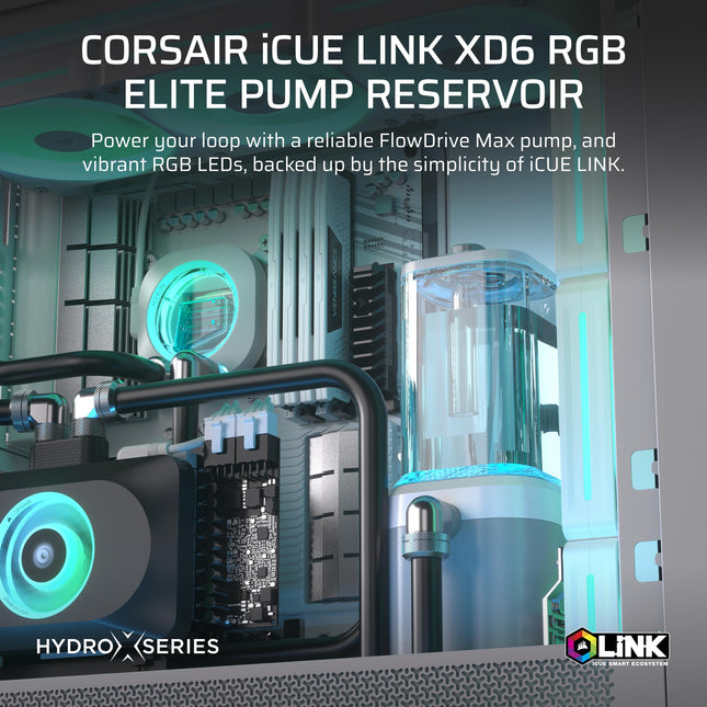 Unidad de bomba/depósito Corsair iCUE LINK XD6 RGB ELITE – Bomba FlowDrive Max, sensor de temperatura integrado, 22 LED RGB direccionables, depósito de nailon transparente de 440 ml – Blanco