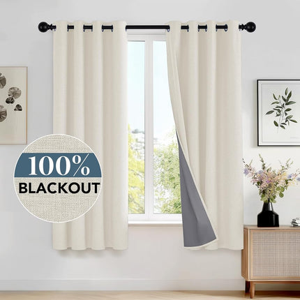 Deconovo Cream Blackout Curtains Living Room with Coating, 52x54 Inches Bedroom Curtains 2 Panels, Short Faux Linen Thermal Curtains for Small Window