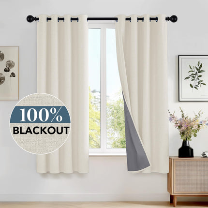 Deconovo Cream Blackout Curtains Living Room with Coating, 52x54 Inches Bedroom Curtains 2 Panels, Short Faux Linen Thermal Curtains for Small Window