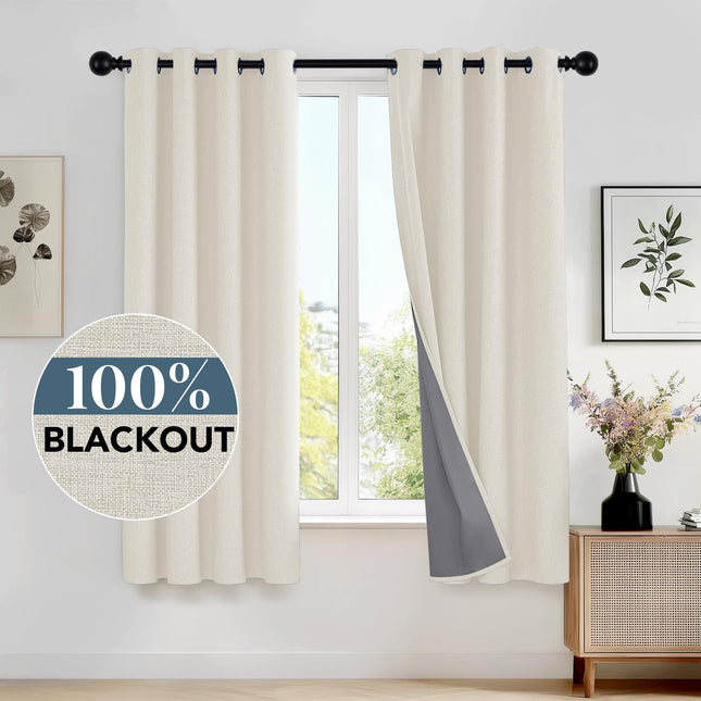 Deconovo Cream Blackout Curtains Living Room with Coating, 52x54 Inches Bedroom Curtains 2 Panels, Short Faux Linen Thermal Curtains for Small Window