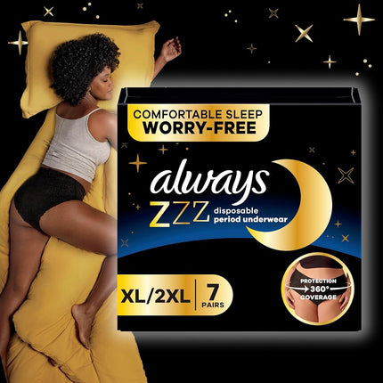 Always ZZZs Overnight Disposable Period Underwear for Women, Size L, Black Period Panties, Leakproof, 7 Count, Pack of 2 (14 Count Total)