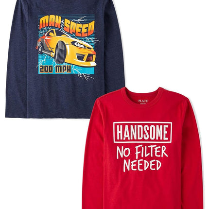 The Children's Place Boys' Assorted Everyday Long Sleeve Graphic T-Shirts,multipacks, Handsome/Max Speed 2-Pack, X-Small