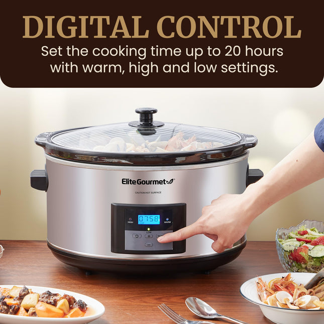 Olla de cocción lenta digital programable Elite Platinum MST-900D Maxi-Matic de 8.5 cuartos con temporizador, acero inoxidable