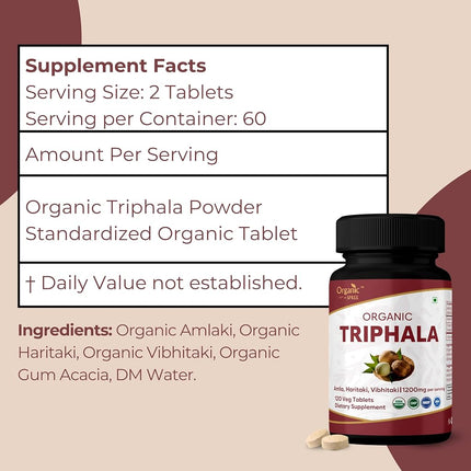 Organic Spree Triphala 120 Tablets - Amla, Haritaki & Bibhitaki - 60 Days Supply - Supports Digestion, Occasional Bloating & Colon Cleanse* | USDA Organic, GMP, HACCP Certified - Pack of 3