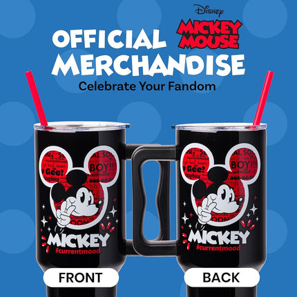 Silver Buffalo Disney Classic Mickey Mouse Hashtag Current Mood �#currentmood� Stainless Steel Tumbler with Handle and Straw, Fits in Standard Cup Holder, 40 Ounces