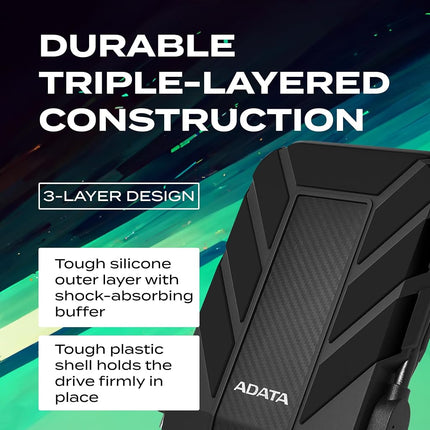 ADATA HD710 Pro 2TB HDD, USB 3.1, IP68 Waterproof/Shockproof/Dustproof Ruggedized External Hard Drive, Black (AHD710P-2TU31-CBK)