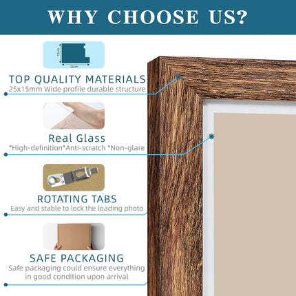 Hongkee 8x10 Picture Frame Set of 4, with Real Glass and Rustic Brown Wood Frame - 8x10 Frame with 5x7 Mat, 8 by 10 for Wall or Tabletop