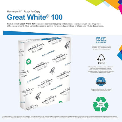Papier d'imprimante Hammermill, papier 100 % recyclé Great White, 21,6 x 27,9 cm - 1 rame (500 feuilles) - 92 de brillance, fabriqué aux États-Unis