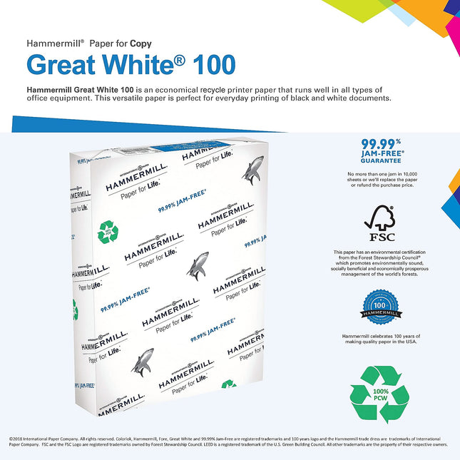 Hammermill Printer Paper, Great White 100% Recycled Paper, 8.5 x 11-1 Ream (500 Sheets) - 92 Bright, Made in the USA