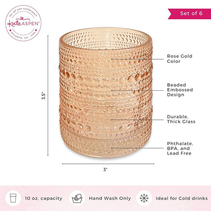 Kate Aspen Rose Gold Hobnail Beaded Drinking Glasses Set of 6-10 oz Vintage Glassware Set Cocktail Glass Set, Juice Glass, Water Cups | Makes A Great Hostess Gift or Gift for New Home Owners