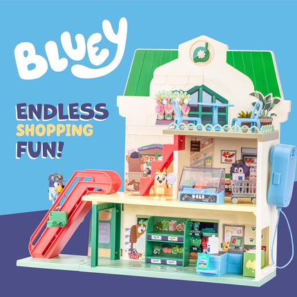 Bluey Supermarket Playset, 3 Different Levels With Exclusive Bluey and Bingo Figures. Includes Working Escalator, 24 Sounds and 15+ Play Pieces Plus Fun Intercom, Over 40cm (15") Tall.