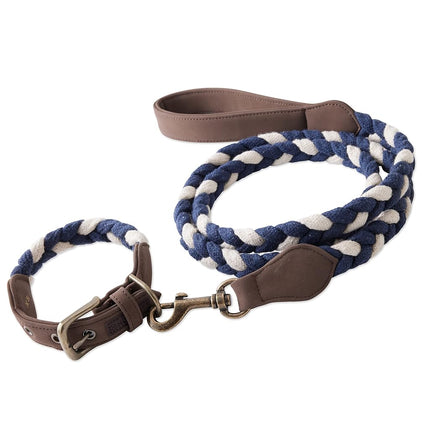 HonestBaby Pet Dogs 2-Piece Vegan Suede Collar/Braided Cotton Rope Leash Set, Navy/Ivory, XX-Small