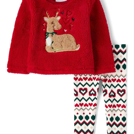 The Children's Place bébé fille et enfant en bas âge, chemise à manches longues et pantalon de sport, ensemble 2 pièces, renne de Noël Sherpa, 12-18 mois