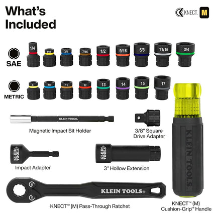 Klein Tools 65400KNECT Jeu de douilles à percussion traversantes KNECT Essential, SAE et métrique, cliquet 90 dents, coffret MODbox, entraînement 3/8", 28 pièces