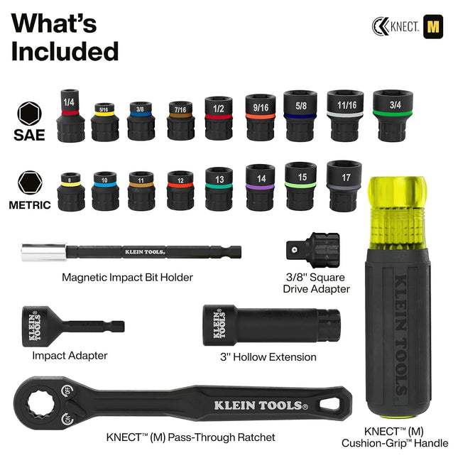 Klein Tools 65400KNECT KNECT Essential Pass Through Impact Socket Set, SAE and Metric, 90-Tooth Ratchet, MODbox Case, 3/8-Inch Drive, 28-Piece