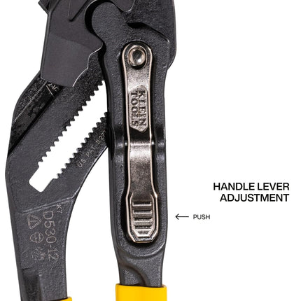 Klein Tools D53012 Plier Wrench, High Leverage Multi-Use Pump Plier with Adjustable and Reversible Double-Sided Jaw, Smooth and Knurled Teeth, 12-Inch