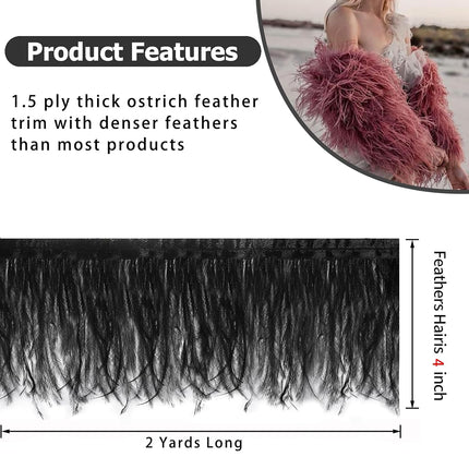 SOGUGOM Black Ostrich Feather Trim - 1.5Ply 2Yards 4 Inch Feathers Fringe Ribbons Trim for Sewing, Dress, Craft Projects, Halloween Costumes, Holiday Dance Parties(Black)