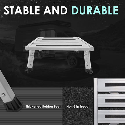 DEPSUNNY Adjustable Height Aluminum RV Step, Stable Foldable Platform Step Stool, Supports Up to 1,000 lb, Non-Slip Rubber Feet and Platform Mat, Easy to Carry (Silver)