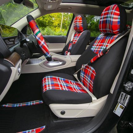 FH Group Car Seat Covers Full Set Plaid Print Cloth - Universal Fit Automotive Seat Covers, Low Back Front Seat Covers, Solid Back Seat Cover, Washable Car Seat Cover for SUV, Sedan, Van Red