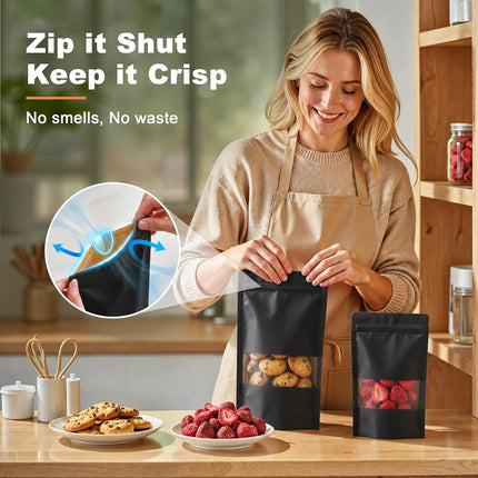 FireKylin 100 Pcs Resealable bags,7.1" x 10.2" Stand Up Black Kraft Paper Bags with Matte Window, Zip Lock Food Storage Bags for Packaging Products, Reusable, Sealable