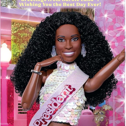 Barbie The Movie President Collectible Doll, Issa Rae as President Wearing Shimmery White Blouse & Short Set, With Dark Curly Hair & President Sash, JBJ55