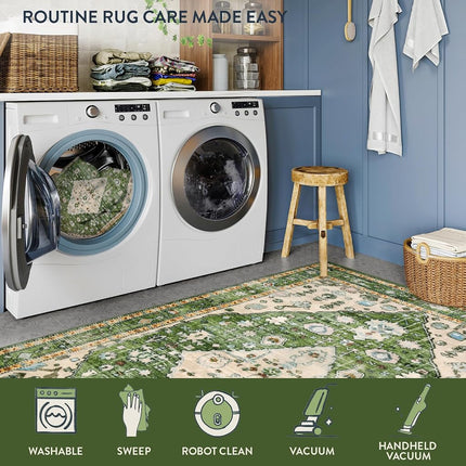 Lahome Boho Tribal Runner Rug - 2x4.3 Green Bohemian Kitchen Runners Small Bedroom Rugs, Distressed Soft Washable Non Slip Throw Carpet Runner for Door Mat Laundry Room Bathroom Office Decor