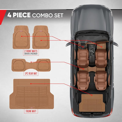 Motor Trend FlexTough Contour Liners Deep Dish 3 pc Rubber Floor Mats & Trimmable Trunk Liner Cargo Mat - Heavy Duty All Weather Protection Car Mats with Traction Grips Car Accessories (Beige)