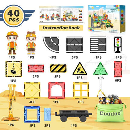 Kids Games Magnetic Tiles Road Set with Extendable Magnetic Crane, City Construction Building Toys for Toddlers STEM Preschool Toys Ages 4-6 5-7, Gifts for 3+ Year Old Boys Girls Kids Toys with Car