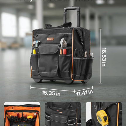 VEVOR Rolling Tool Bag, 110 lbs Load Capacity, 25 Pockets Heavy Duty Roller Tool Bag on Wheels, Adjustable Telescoping Handle & Stable Base, Toolbag Organizers with Wheels for Construction, Mechanic