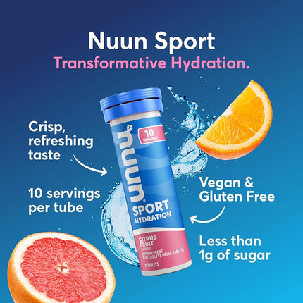 Nuun Sport: Electrolyte-Rich Sports Drink Tablets, Citrus Fruit, Box of 8 Tubes (80 servings), Sports Drink for Replenishment of Essential Electrolytes Lost Through Sweat