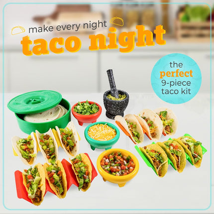 Nostalgia Taco Tuesday Kit Includes Tortilla Warmer, 3 Salsa Bowls, 4-Set Shell Holders, Mortar & Pestle