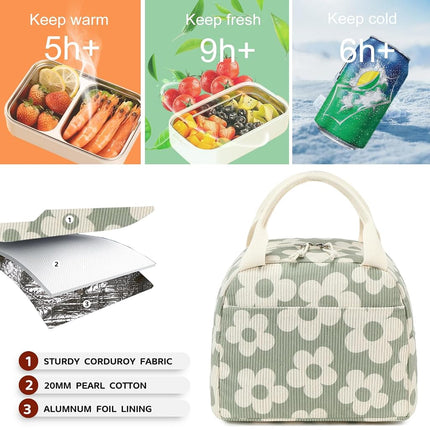 Bluboon Lunch Bag for Women Men Cute Corduroy Lunch Tote Bags Reusable Insulated Lunch Box Large Capacity Reusable Insulated Cooler for Work Picnic or Travel