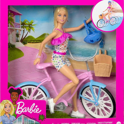 Barbie Doll and Bike Playset with Doll (11.5 in, Blonde), Bicycle with Rolling Wheels & Water Bottle Accessory, Gift for 3 to 7 Year Olds,Blue,pink,white