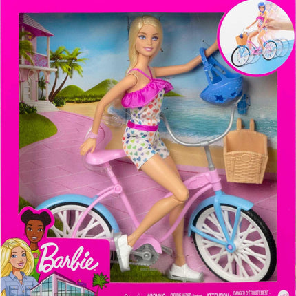 Muñeca Barbie y set de juego de bicicleta con muñeca (29 cm, rubia), bicicleta con ruedas giratorias y accesorio de botella de agua, regalo para niños de 3 a 7 años, azul, rosa, blanco