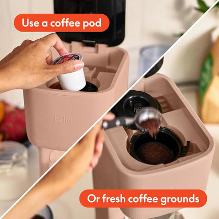 Bella - Cafetière monodose, compatible avec les dosettes K-Cup et le café moulu, avec accessoires amovibles, réglables, à arrêt automatique et réutilisables lavables au lave-vaisselle, pour des préparations de 17 cl à
