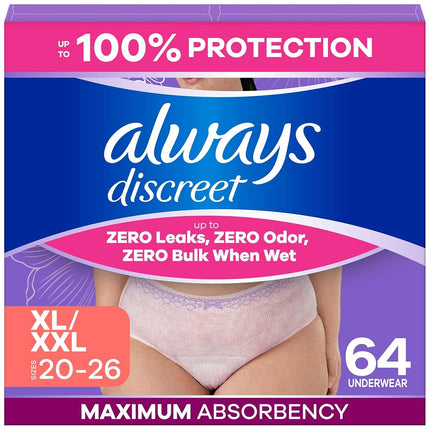 Always Discreet Adult Incontinence Underwear for Women and Postpartum Underwear, XL, Up to 100%* Bladder Leak Protection, 64 CT,