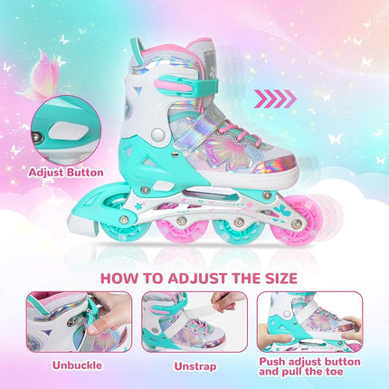 Kids Inline Skates for Girls Boys - Teal Blades Roller for Kids Youth Age 7 8 9 10 - Adjustable All Light up Wheels Indoor Outdoor Sports