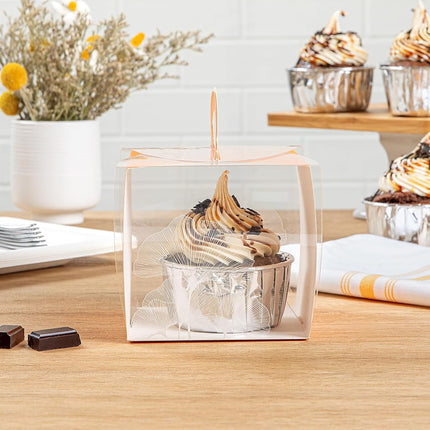 Restaurantware-4 Inch x 4.25 Inch Individual Cupcake Boxes, 100 Disposable Cupcake Display Boxes - with Handle, Leaf Accent, Clear Plastic Single Cupcake Containers, for Weddings Or Birthdays