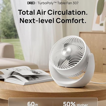 Dreo Desk Fan for Bedroom, 11 Inch Table Fans, 60ft Strong Airflow, 120° Vertical Manual, 3 Speeds, 28dB Quiet Air Circulator Fan，White