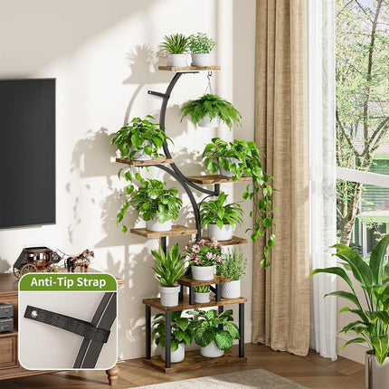 Plant Stand Indoor with Grow Lights - 62" Tall Plant Shelf, Lighted Corner Plant Stands for Indoor Growing, 8 Tiered Large Flower Holder, S-Shaped Decorative Rack for Living Room, Patent Design, Brown