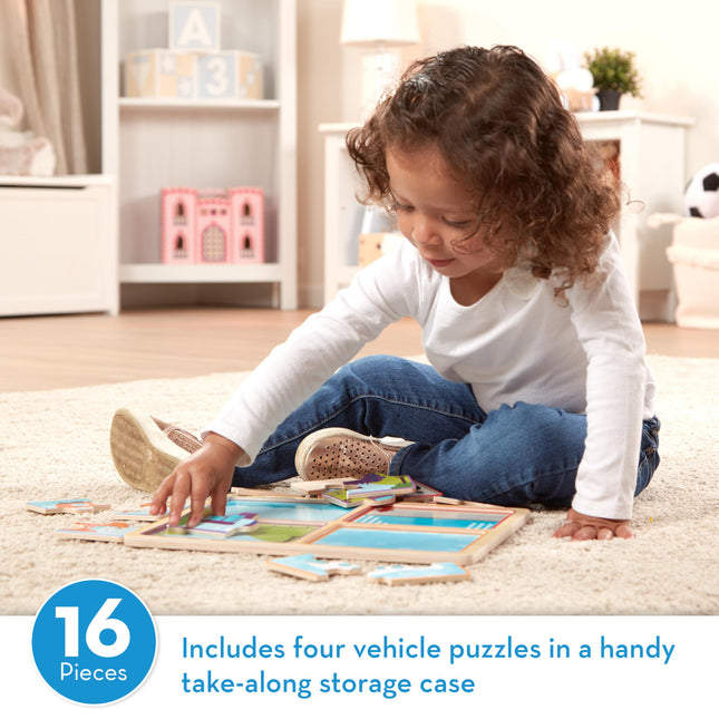 MELARQT Melissa & Doug Natural Play Wooden Puzzle: Ready, Set, Go (Four 4Piece Vehicle Puzzles)