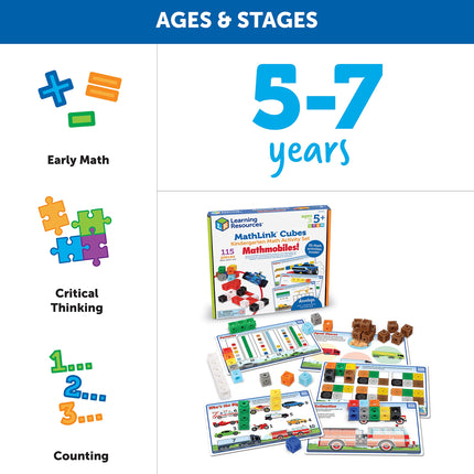 Learning Resources MathLink Cubes Juego de actividades de matemáticas para preescolares: ¡Matemóviles! 115 piezas, a partir de 5 años, actividades STEM para preescolares, juego de actividades y juegos de matemáticas para niños
