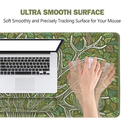 ToLuLu Desk Mat, Gaming Mouse Pad Wrist Support 4 in1 Set, XXL Large Mouse Pad + Keyboard Wrist Rest + Memory Foam Cushion Mouse Wrist Rest for Pain Relieve + Coaster Table Computer PC, Green Leaves