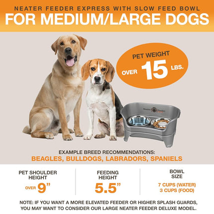 Neater Feeder - Express Model w/Slow Feed Bowl - Mess-Proof Dog Bowls (M/L, Grey) Made in USA � Elevated, No Spill, Non-Tip, Non-Slip, Raised Stainless Steel Food/Water Pet Bowls Aid Digestion