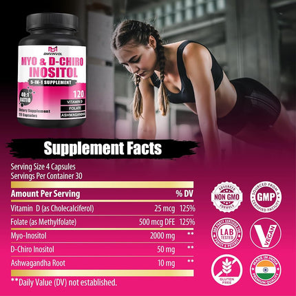 BMVINVOL 2050mg Inositol Supplement - Myo-Inositol and D-Chiro Inositol Plus Folate and Vitamin D - Ideal 40:1 Ratio - 120 Capsules