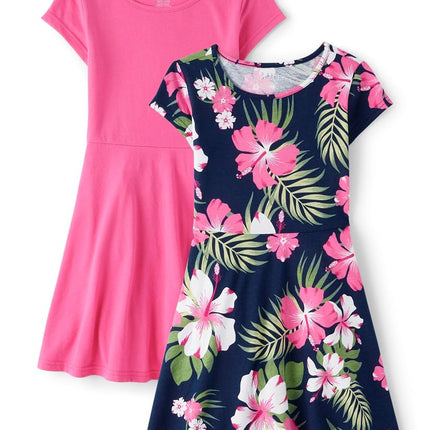 The Children's Place Girls' One Size Short Sleeve Printed Skater Dress, Pink Tropic 2-Pack, Small