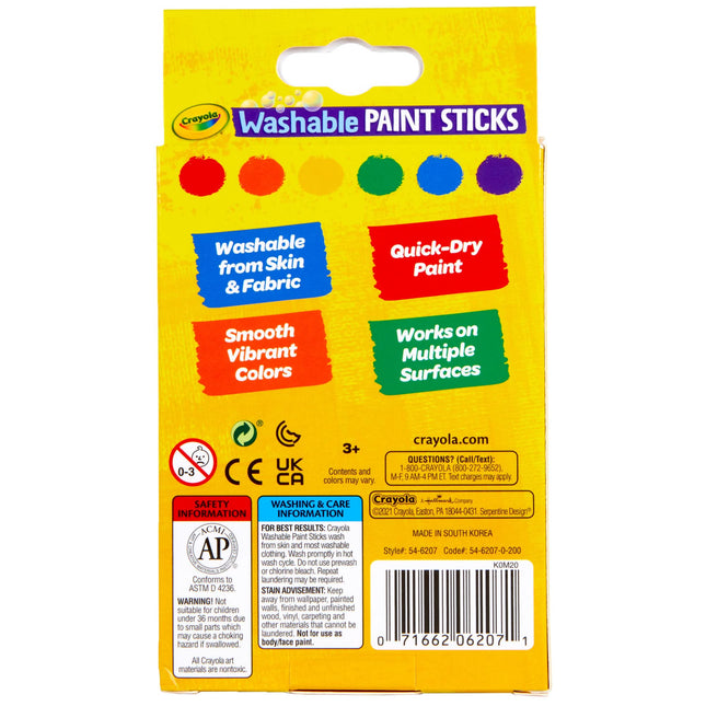 Crayola® Washable Paint Sticks, Assorted Colors, Pack Of 6 Sticks