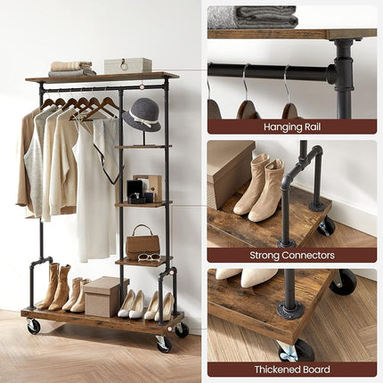 VASAGLE Clothes Rack, Clothing Rack on Wheels, 5-Tier Garment Rack with Metal Pipes, for Bedroom, Store, Laundry Room, Living Room, Rustic Brown and Black HSR66BX