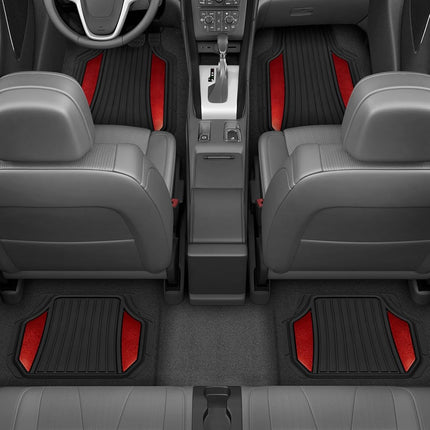 Juego completo de alfombrillas para coche Motor Trend ChromeTech - Alfombrillas de goma duraderas para coches con detalles de dos tonos, protección interior para todo tipo de clima para la parte delantera y trasera con reverso antideslizante, cromo rojo